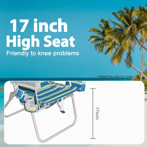Vista 4 de Romswi Silla de playa alta extra ancha para adultos, mochila de asiento alto de 17 pulgadas con bolsa refrigeradora, soporte para taza y teléfono