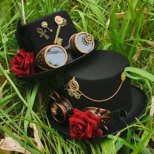 Vista 4 de Sombreros unisex Steampunk con gafas góticas punk de Halloween