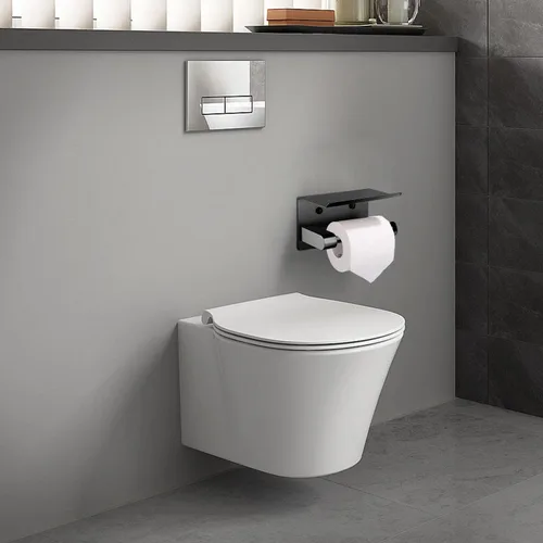Vista 2 de Soporte de papel higiénico de pared con estante para teléfono, soporte de papel de almacenamiento, dispensador de papel adhesivo negro con estante