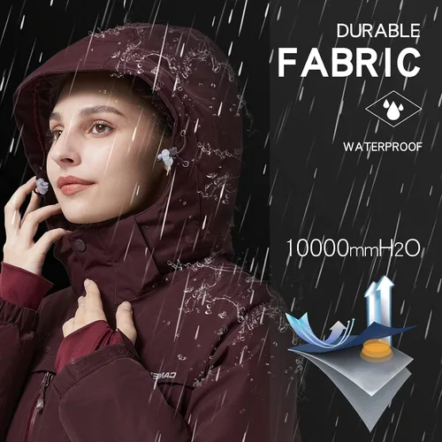 Vista 23 de CAMEL CROWN - Chamarra de esquí para mujer, impermeable, con capucha desmontable, rompevientos, forro polar, parka para lluvia