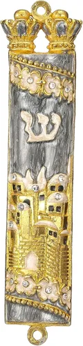 Vista 16 de Matashi Mezuzah para puerta con pergamino, pintado a mano esmalte azul Arca de Noé Mezuzah caso con jirafas, elefante y espinilla hebrea, decoración