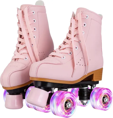 Vista 2 de YYW Patines para niñas y mujeres, fantásticos patines de piel sintética rosa y morado con luz para niños y jóvenes, para interiores y exteriores