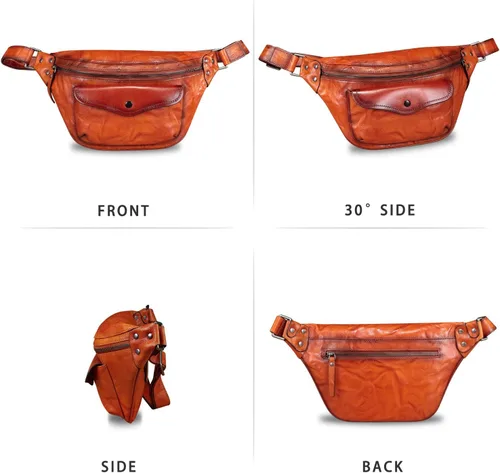 Vista 4 de Riñonera de cuero genuino para mujeres y hombres, bolso cruzado de cuero real vintage, bolso cruzado de moda para la cintura