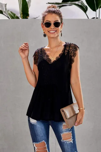 Vista 3 de Blusa de encaje con cuello en V para mujer, blusa casual sin mangas