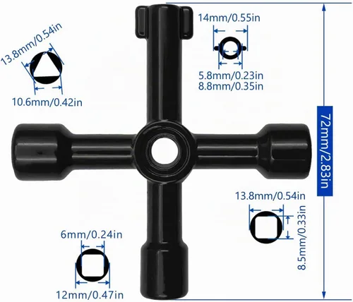Vista 3 de Llave multifuncional de 4 vías, llave cruzada universal 4 en 1, llave cuadrada triangular de acero inoxidable para medidor de agua y gas, válvula