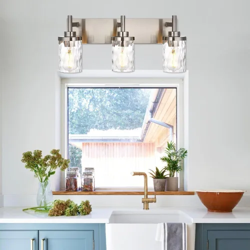 Vista 2 de Lámparas de tocador de baño, 3 luces, luces de tocador de baño de níquel cepillado con pantalla martillada transparente, iluminación moderna de baño
