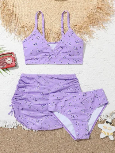 Vista 5 de WDIRARA Traje de baño de bikini de 3 piezas con estampado floral para niña con cordón lateral