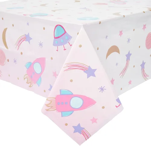 Vista 3 de Blue Panda Funda rectangular de plástico para mesa espacial, funda de plástico desechable duradera, decoración de fiesta de galaxia y decoraciones