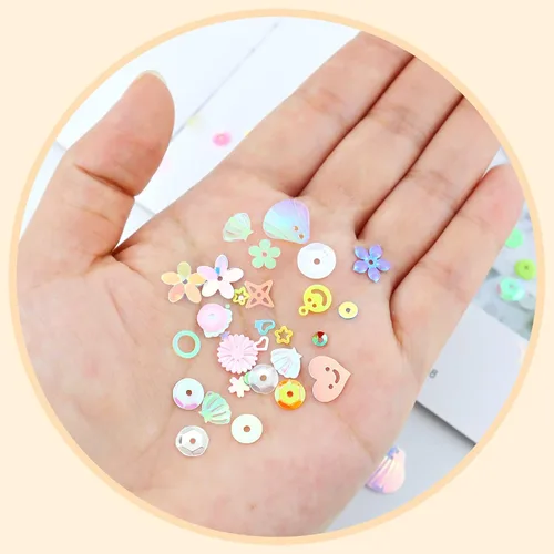 Vista 4 de 1 caja de lentejuelas y lentejuelas para manualidades, lentejuelas multicolor para niños, suministros de lentejuelas para hacer joyas, ropa hecha a