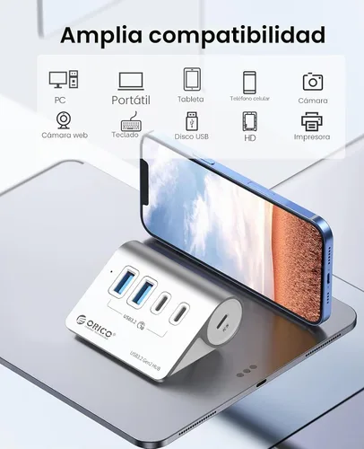 Vista 4 de ORICO - Hub USB 3.2 de escritorio de 4 puertos, divisor USB de aluminio de 10 Gbps para portátil with 2 Type-A/C 3.2 Data Ports, 5V 2A Power