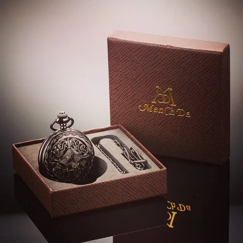 Vista 7 de ManChDa Reloj de bolsillo mecánico vintage negro con cadena para hombres + caja