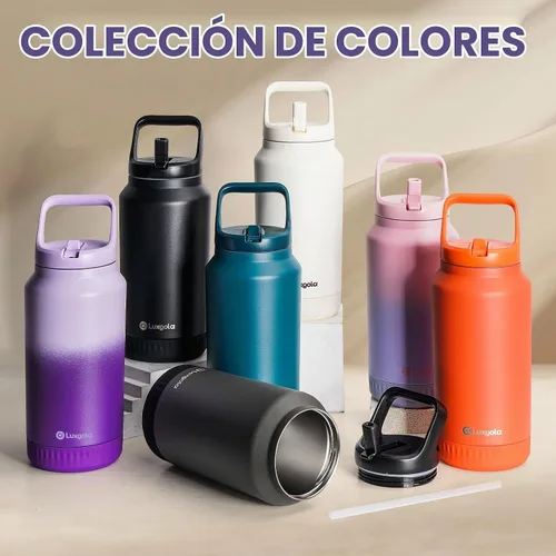 Vista 6 de Botella de agua aislada de 64 onzas, vaso de acero inoxidable al vacío de medio galón con tapa abatible con popote y asa superior, mantiene las Caqui