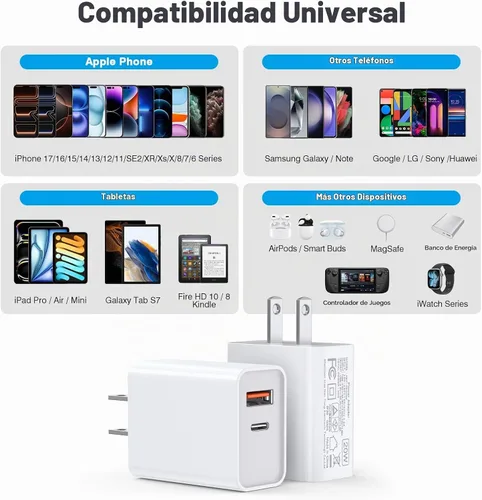 Vista 3 de Bloque de cargador de pared USB C de 20 W, paquete de 3 unidades de bloque de carga rápida tipo C de doble puerto PD de suministro de energía