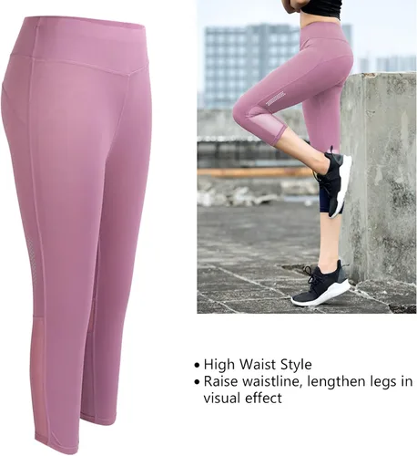 Vista 4 de Pantalones de yoga de cintura alta para mujer, leggings deportivos, leggings deportivos transpirables recortados, levantamiento de glúteos