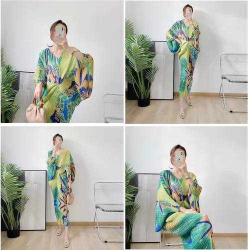 Vista 3 de ZYTECO Vestido plisado con estampado floral para mujer, cuello en V, manga corta, estilo dolman, casual, fluido, para invitadas de boda
