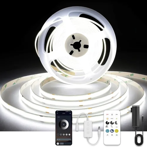 Vista 17 de AXMOTUT Tira de luces LED COB inteligentes de 9.84 pies, 24 V blanco cálido 2700 K, tiras de luz LED regulables, cinta de luz LED de alto brillo