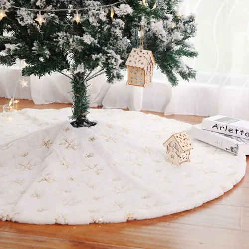 Vista 2 de Dremisland Falda para Árbol de Navidad 36" Grande Blanca y Dorada de Lujo de Piel Sintética con Copitos de Nieve Falda para Árbol Super Suave