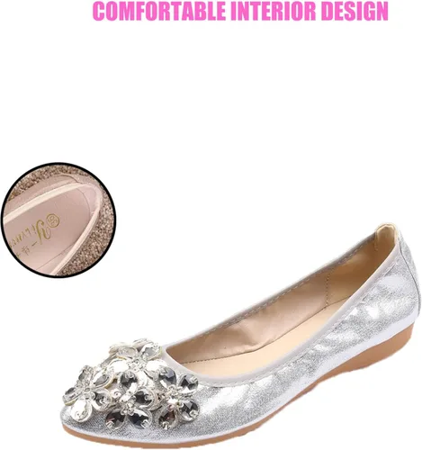 Vista 4 de Traveltopp Zapatos planos de ballet con diamantes de imitación para mujer, plegables, cómodos, puntiagudos, sin cordones, zapatos de vestir
