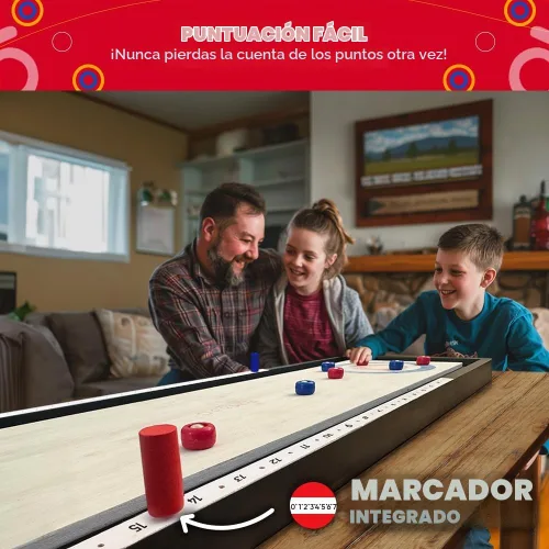 Vista 4 de Swooc Games® Shuffleboard y Curling Premium 2 en 1 Mesa de Shuffleboard de Madera Maciza 100% (4 pies) Más de 5 Formas de Jugar