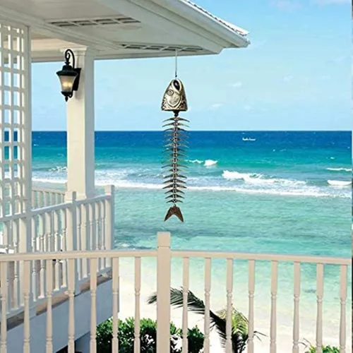 Vista 5 de Campana de viento retro de espina de pescado, adornos de campanilla de viento de metal vintage, melodía relajante para jardín, hogar, patio, porche