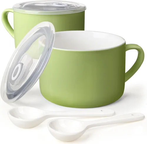 Vista 12 de Tazones de sopa con asas y cucharas, cuenco de cerámica para ramen de 30 onzas con tapa, tazas grandes para fideos instantáneos, cuencos grandes