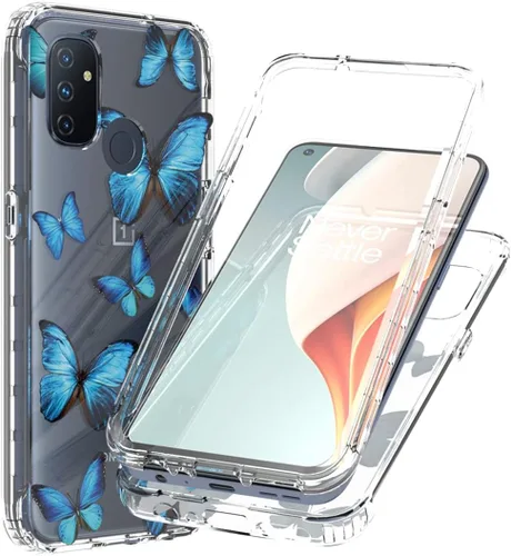 Vista 6 de Funda para OnePlus Nord N100 BE2013 con protector de pantalla de vidrio templado, bonito patrón de mariposa transparente de cuerpo completo, fundas