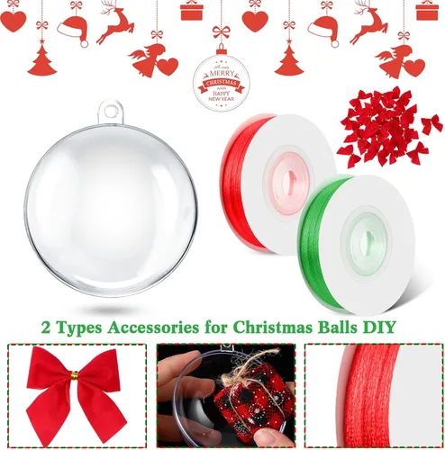 Vista 3 de Liliful 100 bolas de plástico transparente de Navidad de 2.76 pulgadas/2.756 in, rellenables, esferas de Navidad colgantes con 100 lazos, 2 cintas