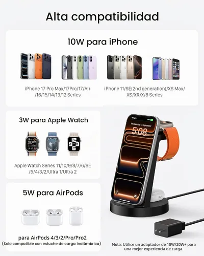 Vista 4 de Anlmz 3 in 1 Charging Station for iPhone, Wireless Charger for iPhone 17 16e 16 15 14 13 12 11 X Pro Max & Apple Watch - Wireless Charging Station