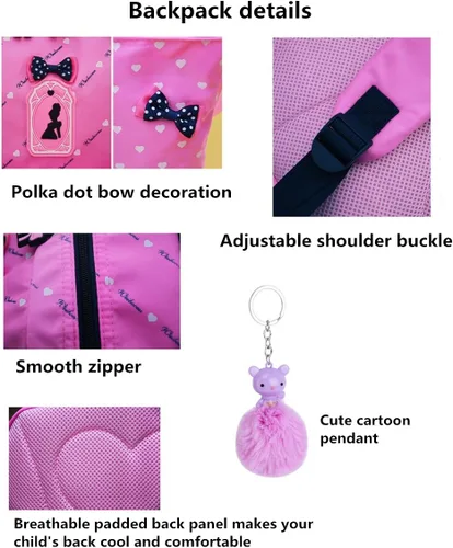 Vista 5 de VIDOSCLA - Juego de 3 piezas con mochila escolar básica para el hombro, lonchera y lapicera, con estampado de corazón y moños, para chicas