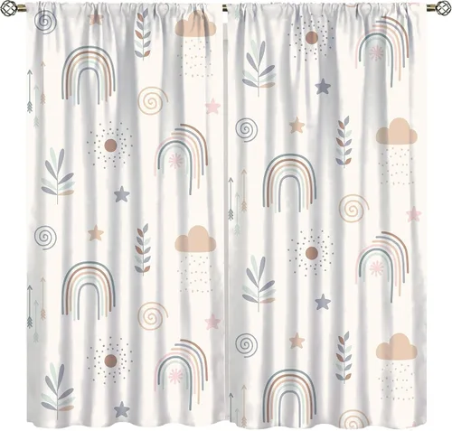 Vista 22 de Cortinas bohemias con diseño de arco iris, hermoso diseño de estrellas de durazno marrón y arcoíris, para dormitorio de niños y niñas, sala