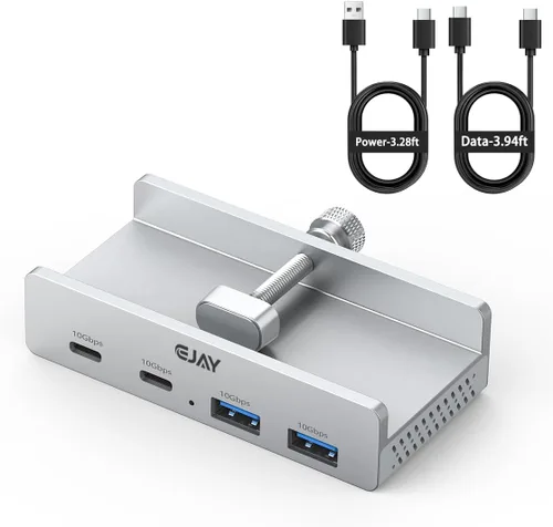 Vista 10 de EJAY 4 puertos 10Gbps USB-C HUB USB3.2 Abrazadera USB HUB Divisor, adaptador USB-C montable con cable de datos y alimentación para iMac 2021