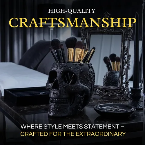 Vista 5 de Soporte para brochas de maquillaje de calavera, soporte para bolígrafos, tocador, escritorio, organizador de oficina, estacionario, maceta Negro