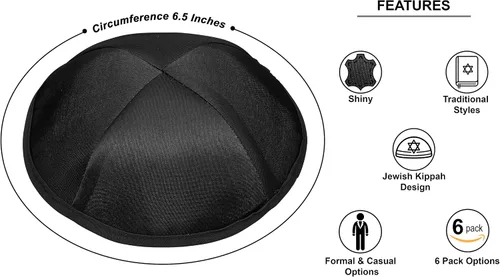 Vista 2 de A&M Mezuzot - Juego de 6 sombreros Kippah de satén moderno para hombre, gorra Yarmulke judía Yamaka para hombre, M