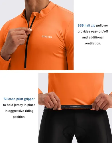 Vista 4 de Bikewa Maillot de ciclismo para hombre con 3+1 bolsillos traseros con cremallera, manga larga, absorción de humedad, UPF 50+ media cremallera
