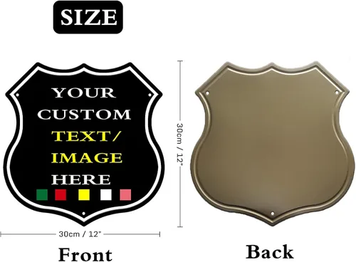 Vista 2 de Letreros de metal personalizados con forma de escudo, letreros de estaño personalizados con imagen de texto, imagen, letreros de aluminio