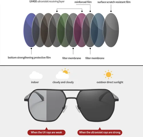 Vista 2 de Gafas de sol polarizadas cuadradas retro de gran tamaño para mujeres y hombres fotocromáticas UV400 a la moda con marco de metal aviador