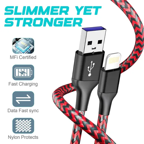 Vista 3 de Paquete de 3 cables de carga para iPhone de 6 pies con certificación MFi, trenzados, de carga rápida, duraderos y curvados de 25 K+ para iPhone