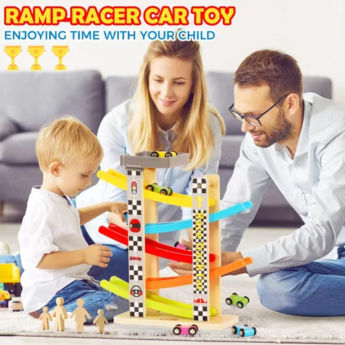 Vista 6 de Belleur - Juego Montessori para niños de 1 a 3 años, pista de carreras de coches para niños pequeños con 5 coches mini y 5 rampas, juego de juguetes