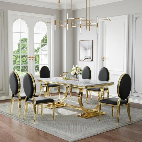 Vista 14 de Juego de mesa de comedor de mármol de 70 pulgadas para 6 bases doradas