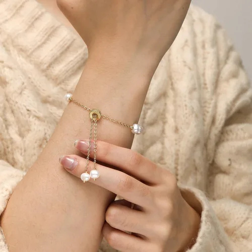 Vista 7 de Cowlyn Bossimi - Pulsera de perlas, eslabones de cultura barroca, chapado en oro de 14 quilates, ajustable, a la moda, dije de San Valentín, joyería