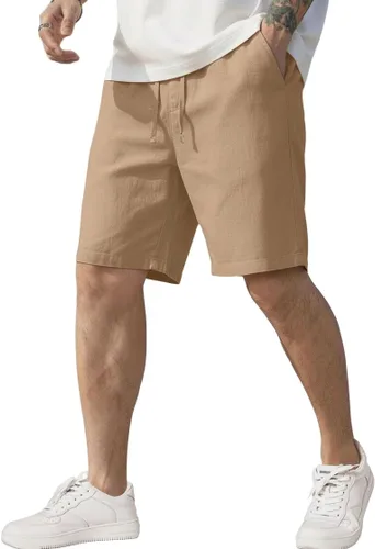 Vista 5 de COOFANDY Pantalones cortos de lino para hombre, cintura elástica, con cordón, pantalones cortos de verano, playa, vacaciones A-Azul Claro