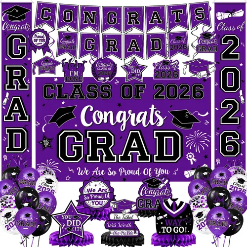 Vista 17 de Decoraciones de graduación 2026, juego de decoraciones de graduación rojo y negro con pancarta y telón de fondo de felicitaciones, letrero