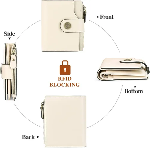 Vista 4 de FALAN MULE Cartera pequeña para mujer, de piel auténtica, plegable, compacta, con bloqueo RFID, pequeña cartera para mujer, AE-blanquecino, Casual