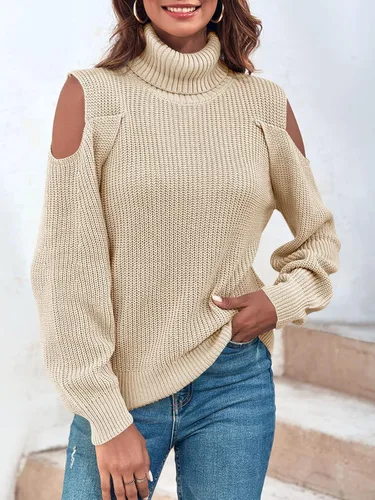 Vista 4 de Langwyqu Suéteres de cuello alto y hombros descubiertos para mujer, de gran tamaño, sexy, de manga larga, suéter de punto acanalado