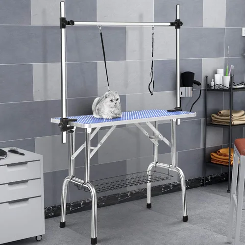 Vista 8 de Mesa profesional de aseo para perros y mascotas, ajustable, resistente, portátil, con brazo y lazo y bandeja de malla (42 pulgadas, azul)