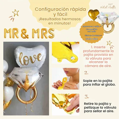 Vista 4 de VIDAL CRAFTS Decoraciones de fiesta de compromiso doradas, decoración blanca y dorada con pancarta de compromiso, globos de señor y señora, globos