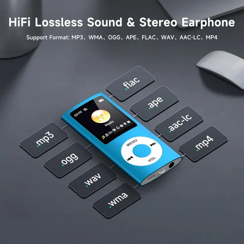 Vista 2 de Reproductor de MP3 con Bluetooth 5.2, reproductor de música portátil con tarjeta de memoria de 32 GB, auriculares estéreo, grabadora de voz, video