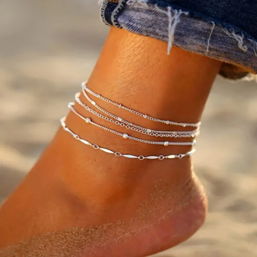 Vista 2 de Woent Tobilleras bohemias con cuentas de plata multicapa de cadena de cuentas, pulseras tobilleras accesorios de playa, joyería de pie ajustable