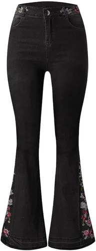 Vista 4 de Jeans acampanados con bordado floral para mujer, jeans elásticos acampanados, talla grande, pantalones de mezclilla de pierna ancha Y2k