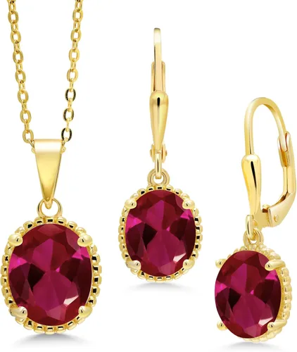 Vista 4 de Gem Stone King Juego de aretes con dije de rubí de plata chapada en oro amarillo de 18 quilates para mujer